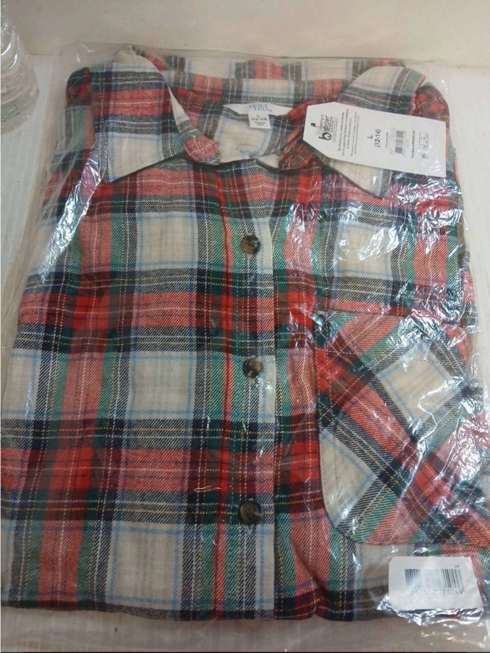 NWT Time and Tru Women’s Flannel Shirt Plaid Button Front Long Sleeve L 12-14